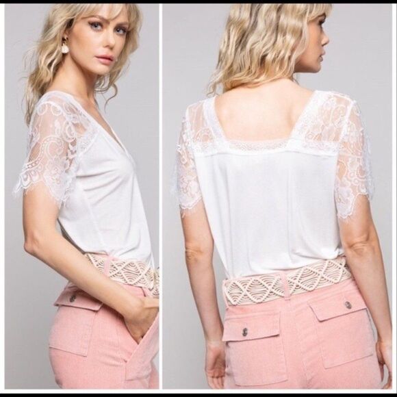 pol White Lace Eyelash Hem Sleeved V-Neck Tee - Picture 7 of 16